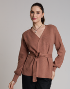 Casaco de Tricot com Faixa Softline Bege Aurora