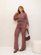 Conjunto Feminino Tricot Blusa Manga Longa e Calça Pantalona Elegante Confortável Inverno 3RD SD2008