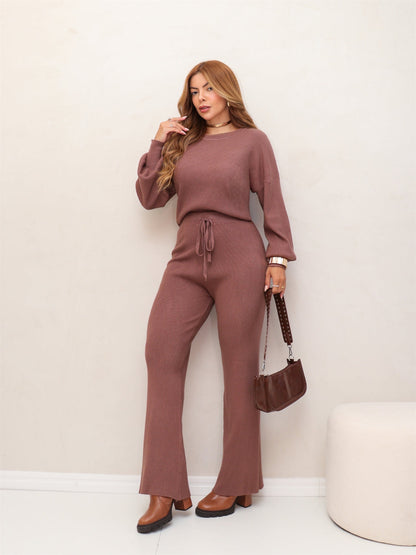 Conjunto Feminino Tricot Blusa Manga Longa e Calça Pantalona Elegante Confortável Inverno 3RD SD2008