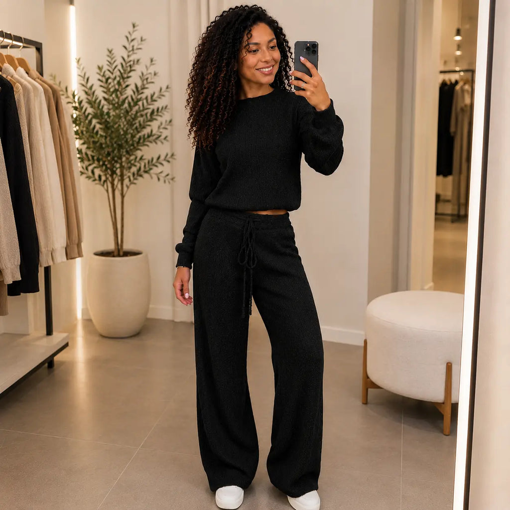 Conjunto Paty — Blusa e Calça Canelada em Tricot | Oferta de Inverno